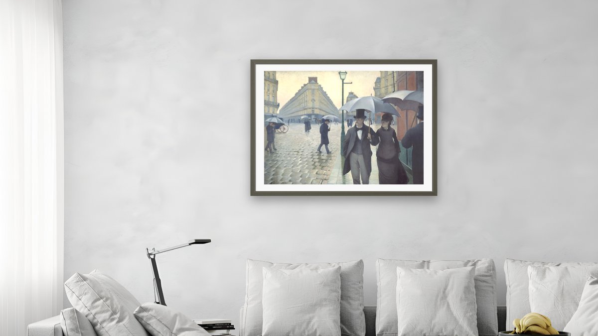 Paris Street; Rainy Day by Gustave Caillebotte, shown at 30 × 40 in (76.2 × 101.6 cm) in Ramino Satin Black, living