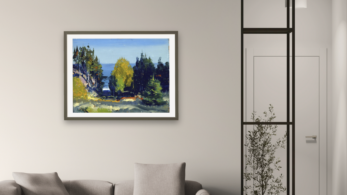 The Grove - Monhegan by George Wesley Bellows, shown at 30 × 40 in (76.2 × 101.6 cm) in Ramino Satin Black, living