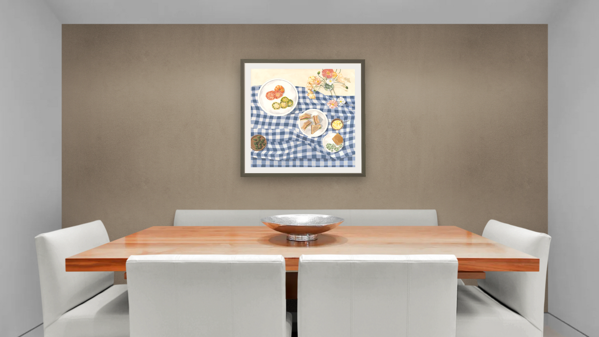 Poppies and Picnics by Catherine Gerke, shown at 32 × 32 in (81.3 × 81.3 cm) in Ramino Satin Black, dining