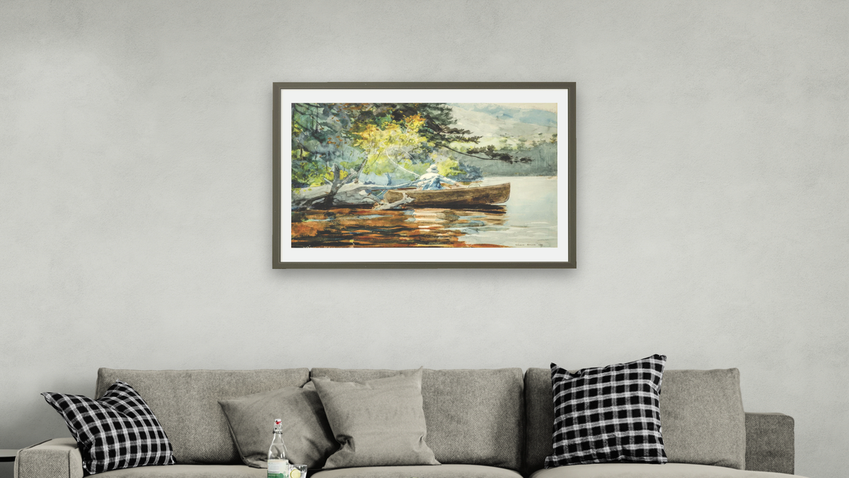 A Good One, Adirondacks by Winslow Homer, shown at 28 × 42 in (71.1 × 106.7 cm) in Ramino Satin Black, living
