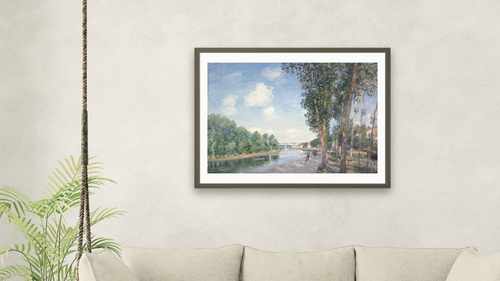 A Saint-Mammes. Sol de juny by Alfred Sisley, shown at 30 × 40 in (76.2 × 101.6 cm) in Ramino Satin Black, living [arteriel-render:v6:room_a:30x40@58,42]