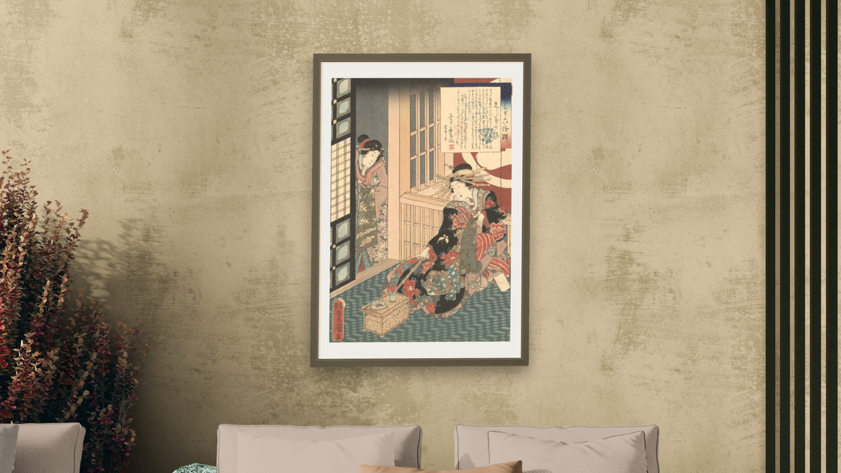 Tale of the Courtesan Shiratama by Utagawa Toyokuni, shown at 28 × 42 in (71.1 × 106.7 cm) in Ramino Satin Black, living
