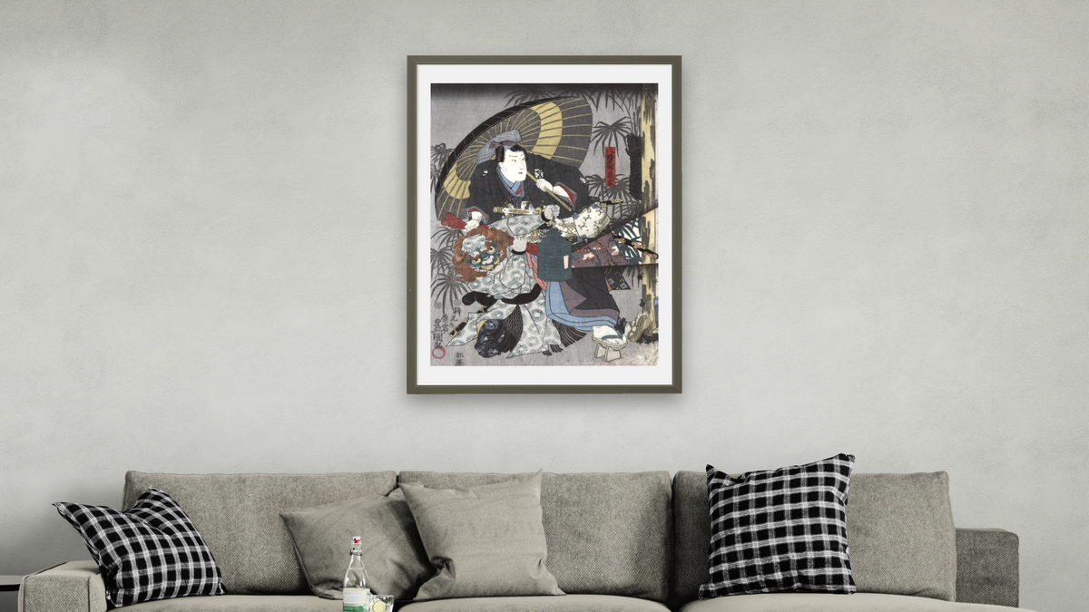 An actor in the role of Hachiman Taro Yoshiie by Utagawa Toyokuni, shown at 28 × 42 in (71.1 × 106.7 cm) in Ramino Satin Black, living
