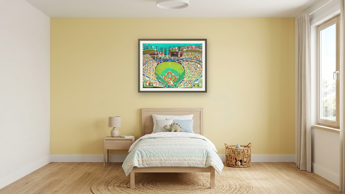 Night Game - 'Tis a Bunt by Ralph Fasanella, shown at 30 × 40 in (76.2 × 101.6 cm) in Ramino Satin Black, kids' room