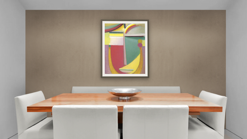 Abstract Head: Inner Vision by Alexei Jawlensky, shown at 30 × 40 in (76.2 × 101.6 cm) in Ramino Satin Black, dining [arteriel-render:v6:room_a:30x40@51,35]