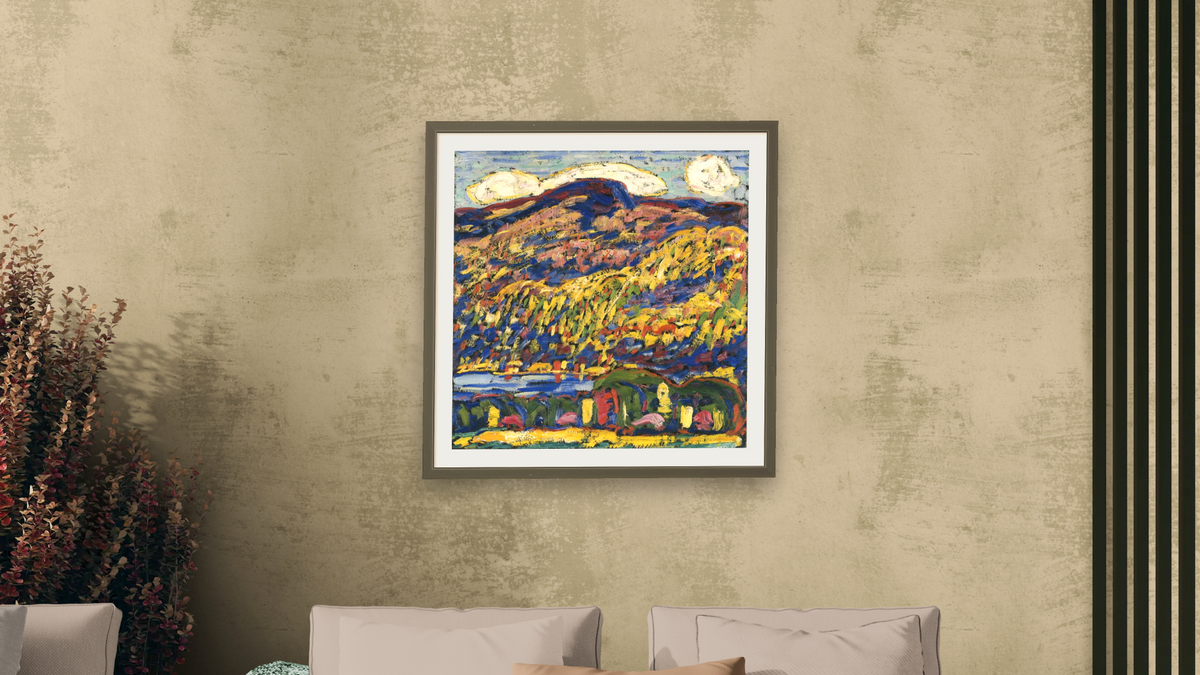 Mountain Lake-Autumn by Marsden Hartley, shown at 32 × 32 in (81.3 × 81.3 cm) in Ramino Satin Black, living