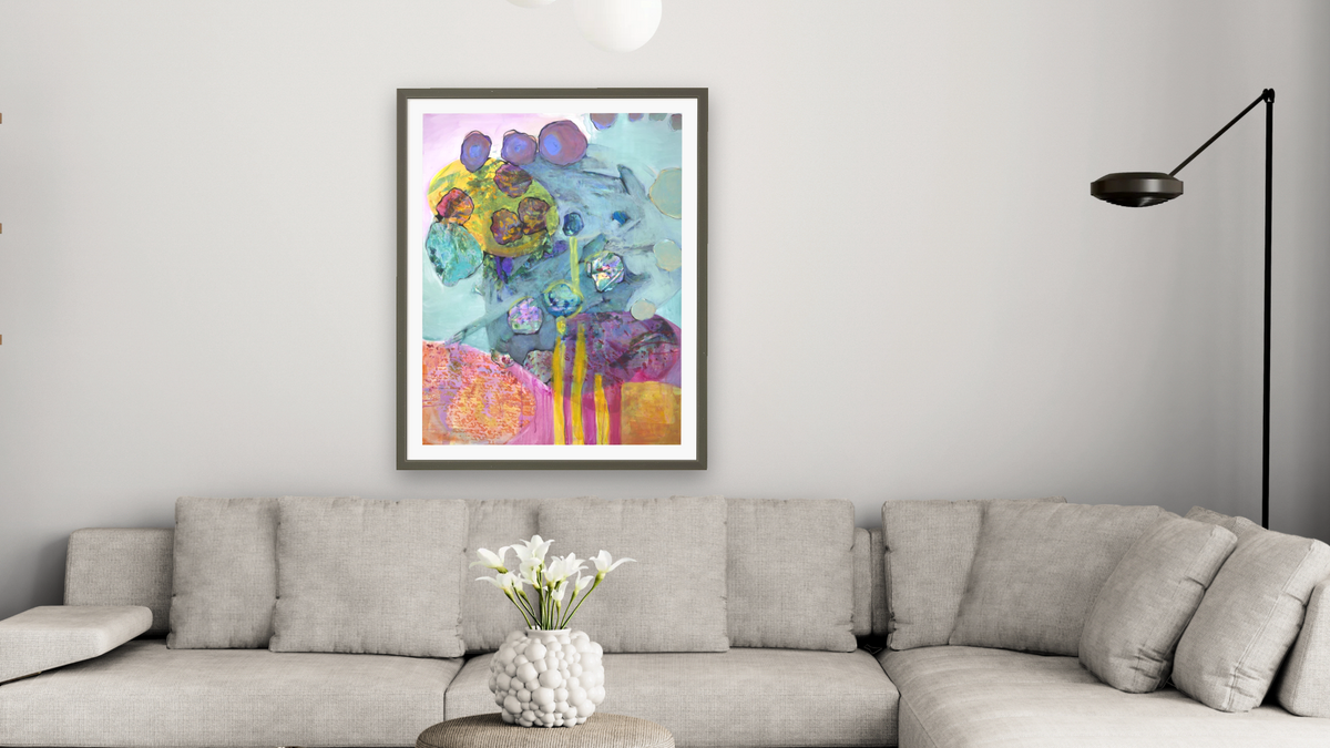 J's  Summer Garden by Diane Boone, shown at 30 × 40 in (76.2 × 101.6 cm) in Ramino Satin Black, living