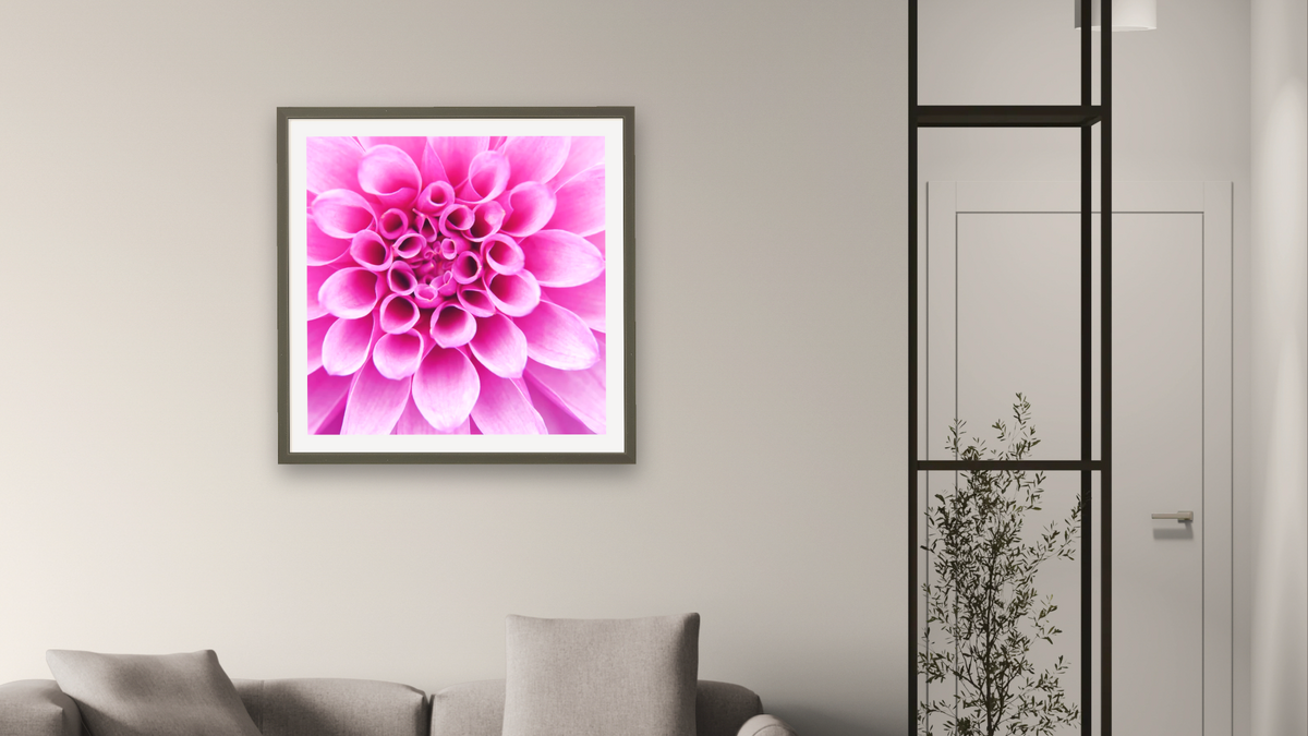 Dahlia Delight by Karen Ussery, shown at 32 × 32 in (81.3 × 81.3 cm) in Ramino Satin Black, living