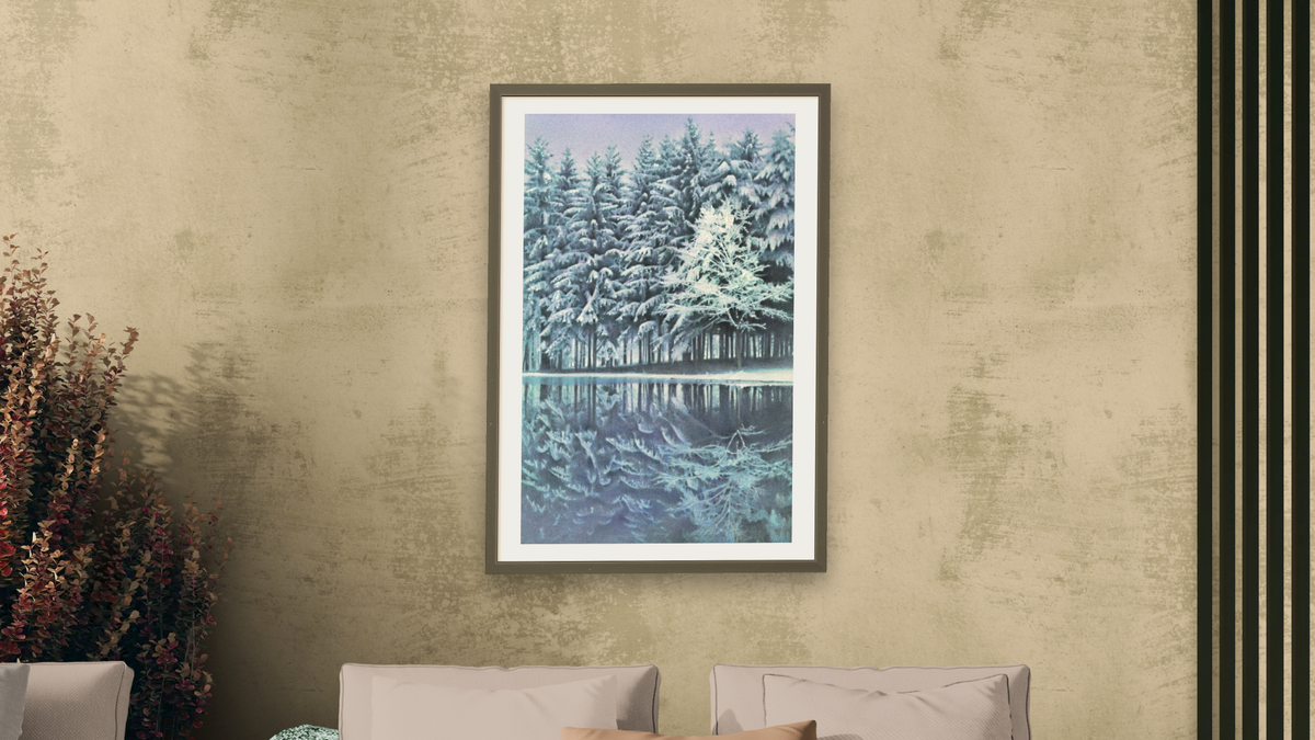 Winter Reflections by Kirsten Söderlind, shown at 28 × 42 in (71.1 × 106.7 cm) in Ramino Satin Black, living