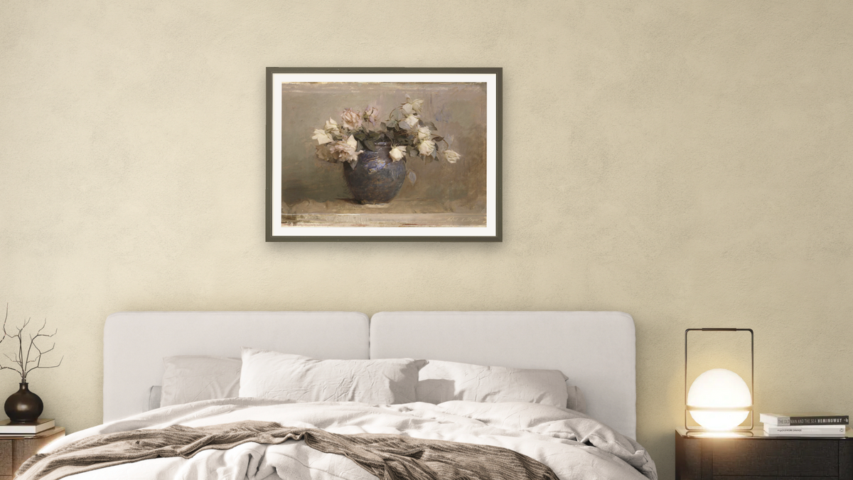 Roses by Abbott Handerson Thayer, shown at 30 × 40 in (76.2 × 101.6 cm) in Ramino Satin Black, bedroom