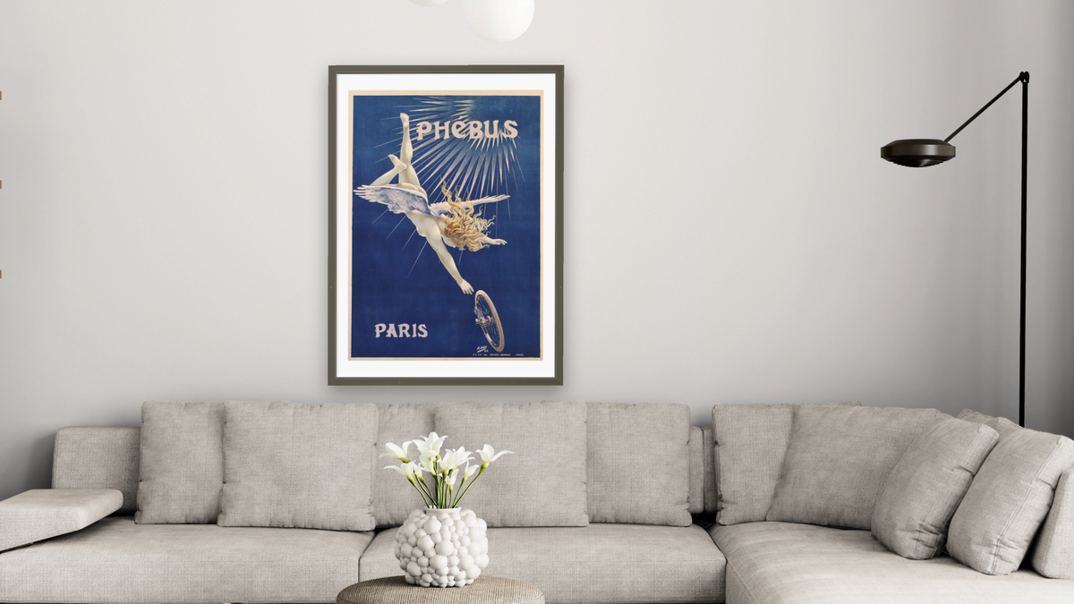 Phebus Paris Poster by Henri Gray, shown at 28 × 42 in (71.1 × 106.7 cm) in Ramino Satin Black, living