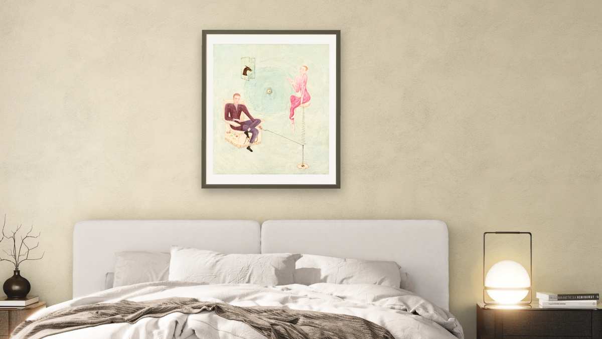 Portrait of Marcel Duchamp and Rose Sélavy by Florine Stettheimer, shown at 32 × 40 in (81.3 × 101.6 cm) in Ramino Satin Black, bedroom
