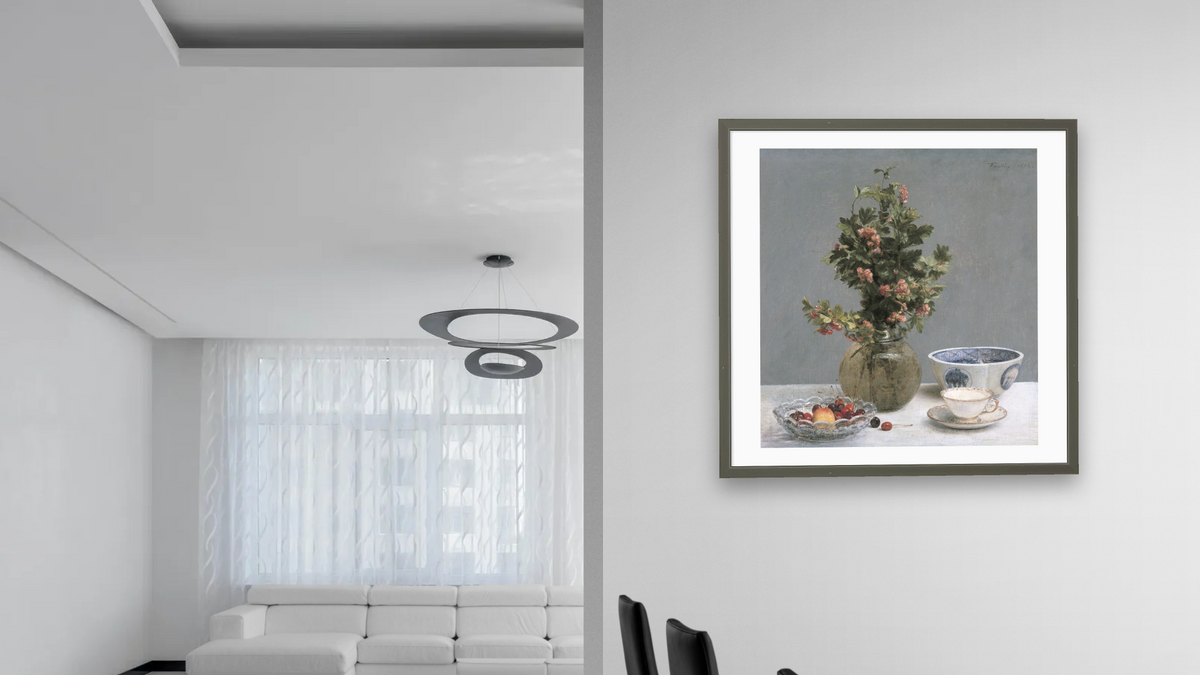 Still Life with Vase of Hawthorn, Bowl of Cherries, Japanese Bowl, and Cup and Saucer by Henri Fantin-Latour, shown at 32 × 32 in (81.3 × 81.3 cm) in Ramino Satin Black, dining