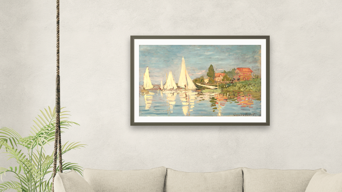 Regatta at Argenteuil by Claude Monet, shown at 28 × 42 in (71.1 × 106.7 cm) in Ramino Satin Black, living