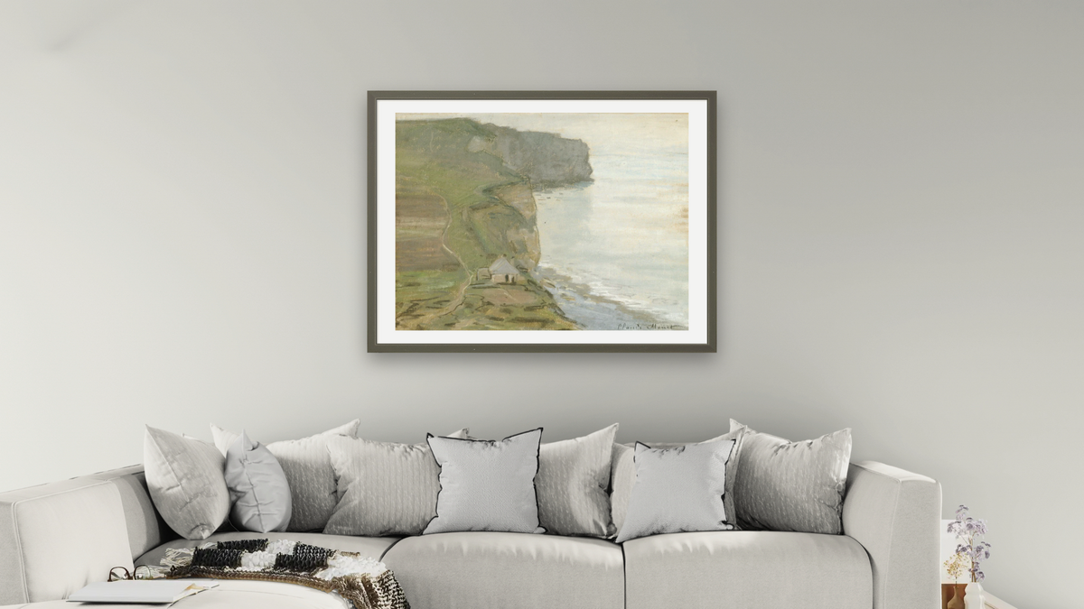 Cape Antifer, Etretat by Claude Monet, shown at 30 × 40 in (76.2 × 101.6 cm) in Ramino Satin Black, living