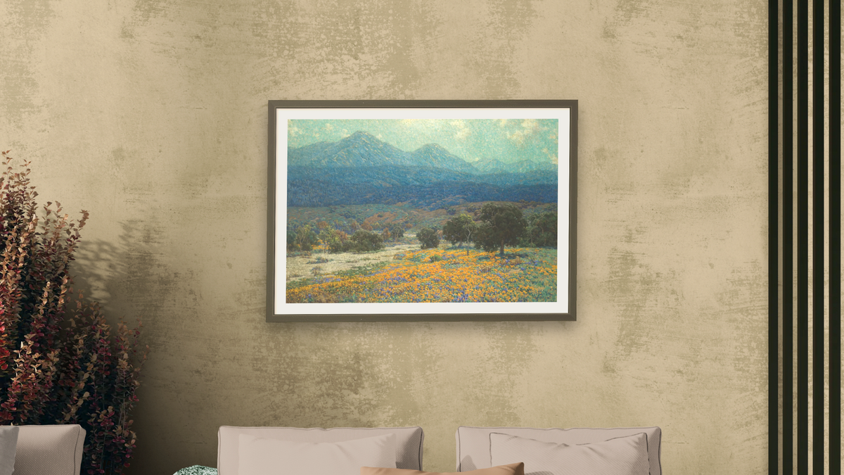 California Poppy Field by Granville Seymour Redmond, shown at 28 × 42 in (71.1 × 106.7 cm) in Ramino Satin Black, living