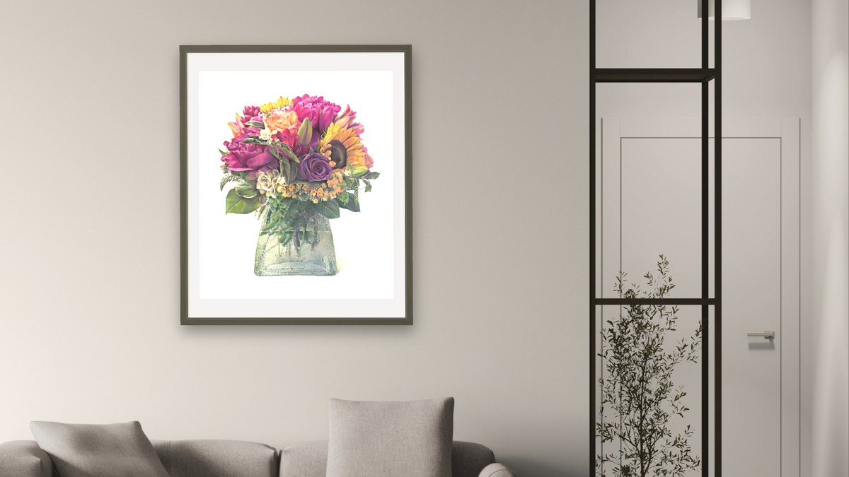 Ambrosia Bouquet by Kirsten Söderlind, shown at 32 × 40 in (81.3 × 101.6 cm) in Ramino Satin Black, living