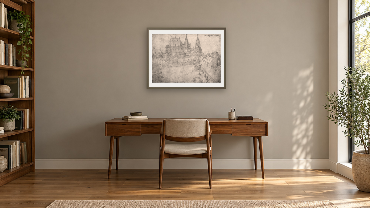 The Minster at Aachen by Albrecht Dürer, shown at 30 × 40 in (76.2 × 101.6 cm) in Ramino Satin Black, library