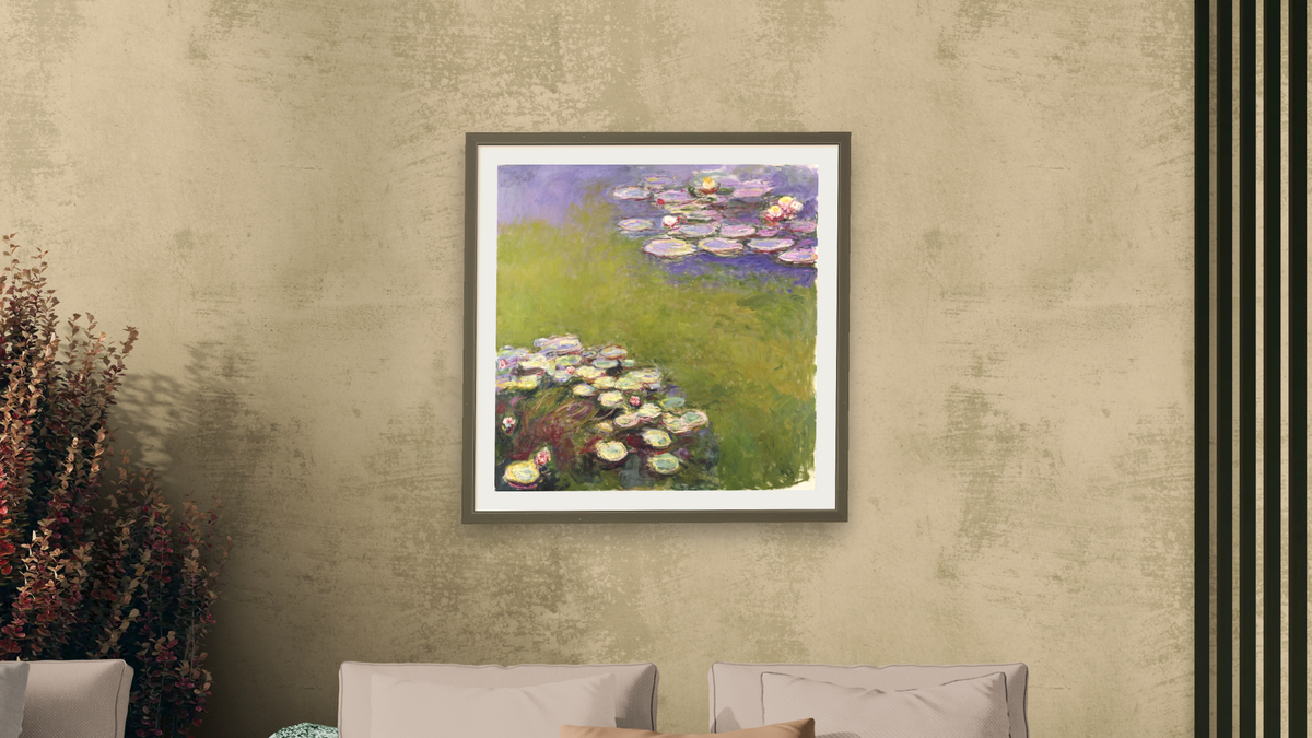 Waterlilies by Claude Monet, shown at 32 × 32 in (81.3 × 81.3 cm) in Ramino Satin Black, living
