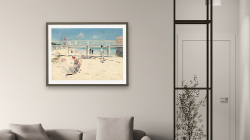 A Holiday at Mentone by Charles Conder, shown at 30 × 40 in (76.2 × 101.6 cm) in Ramino Satin Black, living [arteriel-render:v6:room_a:30x40@35,39]