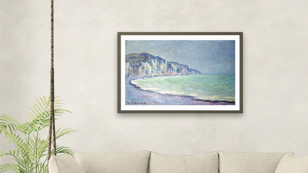 Cliffs at Pourville by Claude Monet, shown at 28 × 42 in (71.1 × 106.7 cm) in Ramino Satin Black, living
