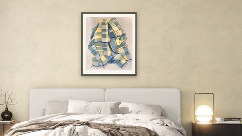 A Day In July by Catherine Gerke, shown at 32 × 40 in (81.3 × 101.6 cm) in Ramino Satin Black, bedroom [arteriel-render:v6:room_a:32x40@45,32]