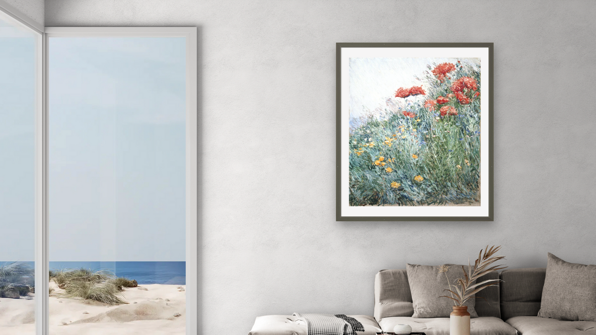 Poppies, Appledore by Childe Hassam, shown at 32 × 40 in (81.3 × 101.6 cm) in Ramino Satin Black, living