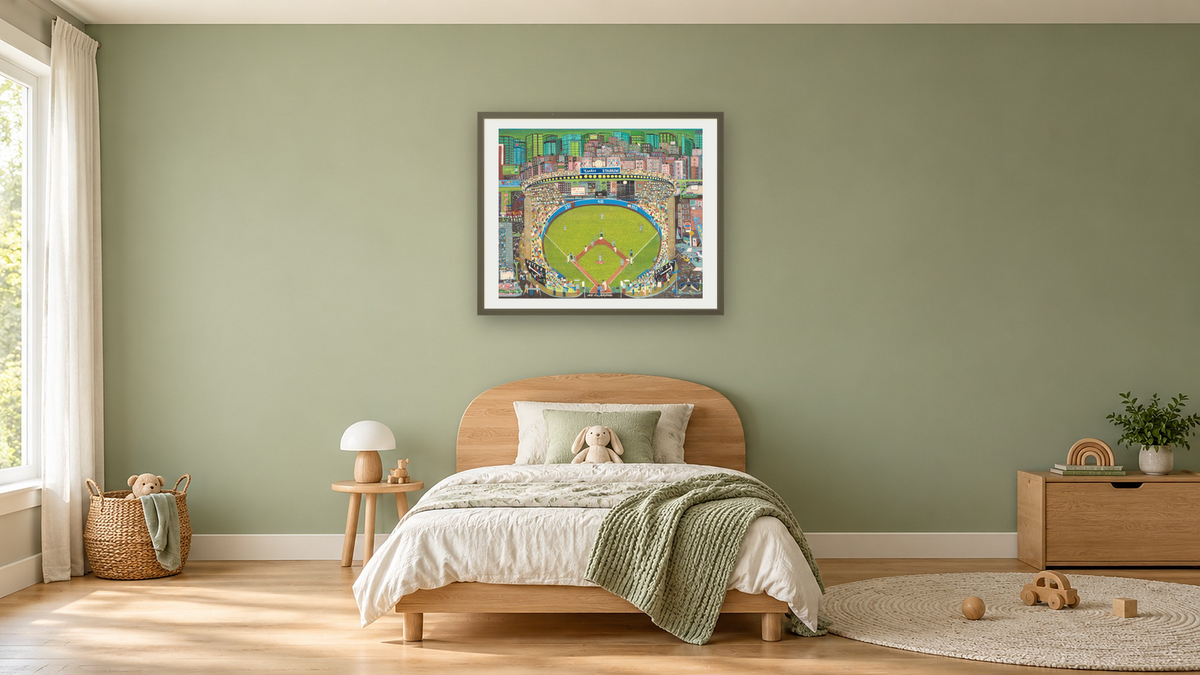 Night Game - Yankee Stadium by Ralph Fasanella, shown at 32 × 40 in (81.3 × 101.6 cm) in Ramino Satin Black, kids' room