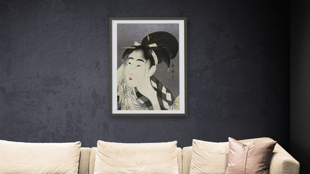 Ase o fuku onna (Woman Wiping Sweat) by Kitagawa Utamaro, shown at 28 × 42 in (71.1 × 106.7 cm) in Ramino Satin Black, living