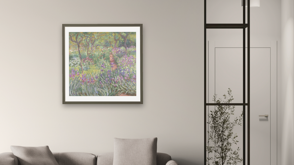 The Artist’s Garden in Giverny by Claude Monet, shown at 32 × 32 in (81.3 × 81.3 cm) in Ramino Satin Black, living