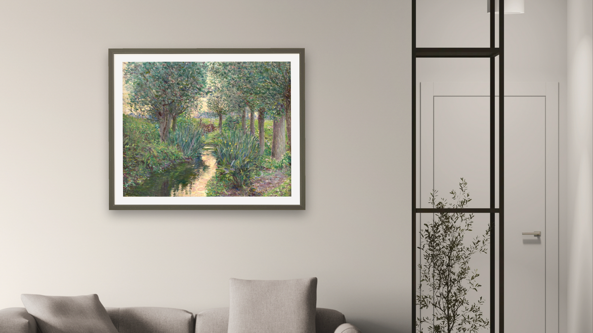 A Stream Beneath Poplars by Lilla Cabot Perry, shown at 32 × 40 in (81.3 × 101.6 cm) in Ramino Satin Black, living