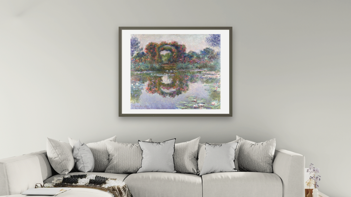 Flowering Arches, Giverny by Claude Monet, shown at 32 × 40 in (81.3 × 101.6 cm) in Ramino Satin Black, living