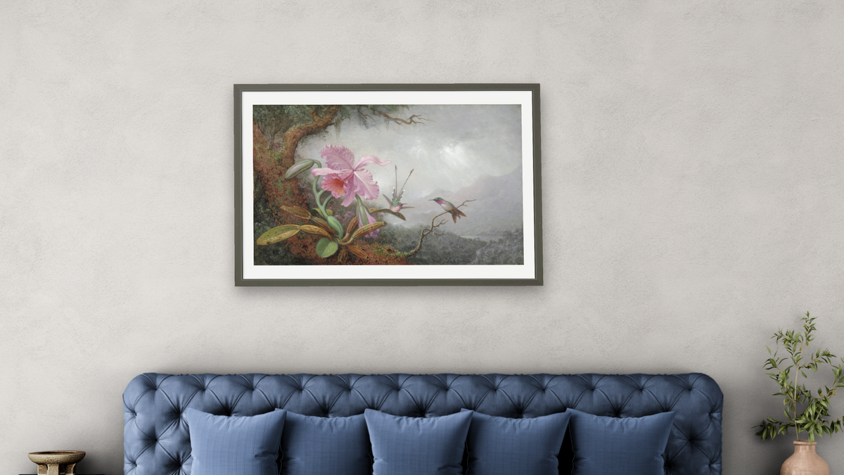 Hummingbirds and Orchids by Martin Johnson Heade, shown at 28 × 42 in (71.1 × 106.7 cm) in Ramino Satin Black, bedroom