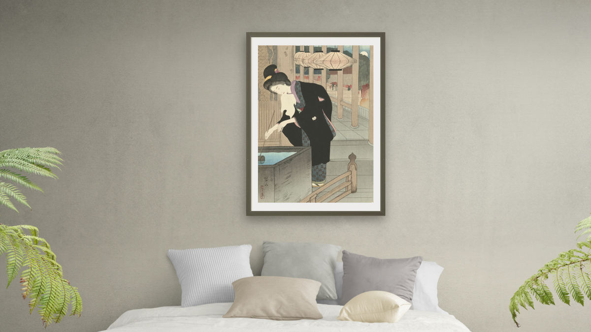 Visiting Kiyomizu Temple (Kiyomizu mode) by Miki Suizan, shown at 28 × 42 in (71.1 × 106.7 cm) in Ramino Satin Black, bedroom