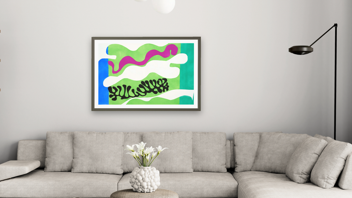 The Lagoon, plate XVIII from the illustrated book “Jazz, 1947” by Henri Matisse, shown at 28 × 42 in (71.1 × 106.7 cm) in Ramino Satin Black, living