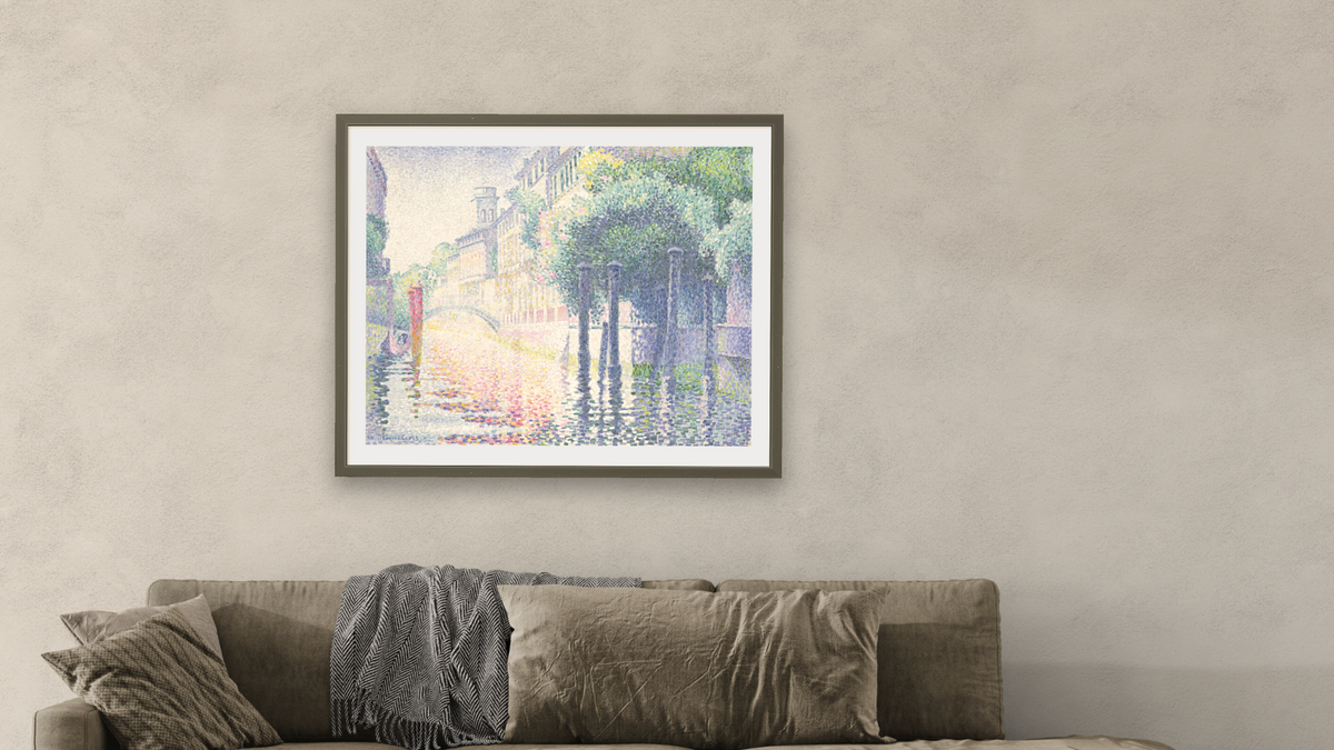 Rio San Trovaso, Venice by Henri Edmond Cross, shown at 32 × 40 in (81.3 × 101.6 cm) in Ramino Satin Black, living
