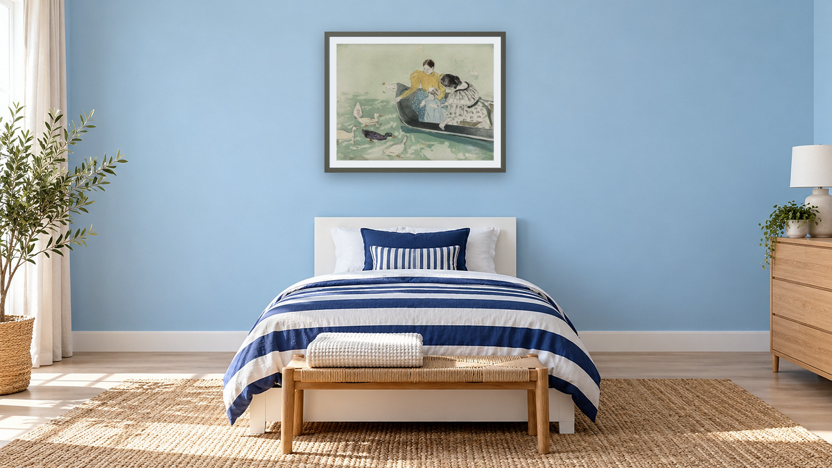 Feeding the Ducks by Mary Cassatt, shown at 30 × 40 in (76.2 × 101.6 cm) in Ramino Satin Black, kids' room