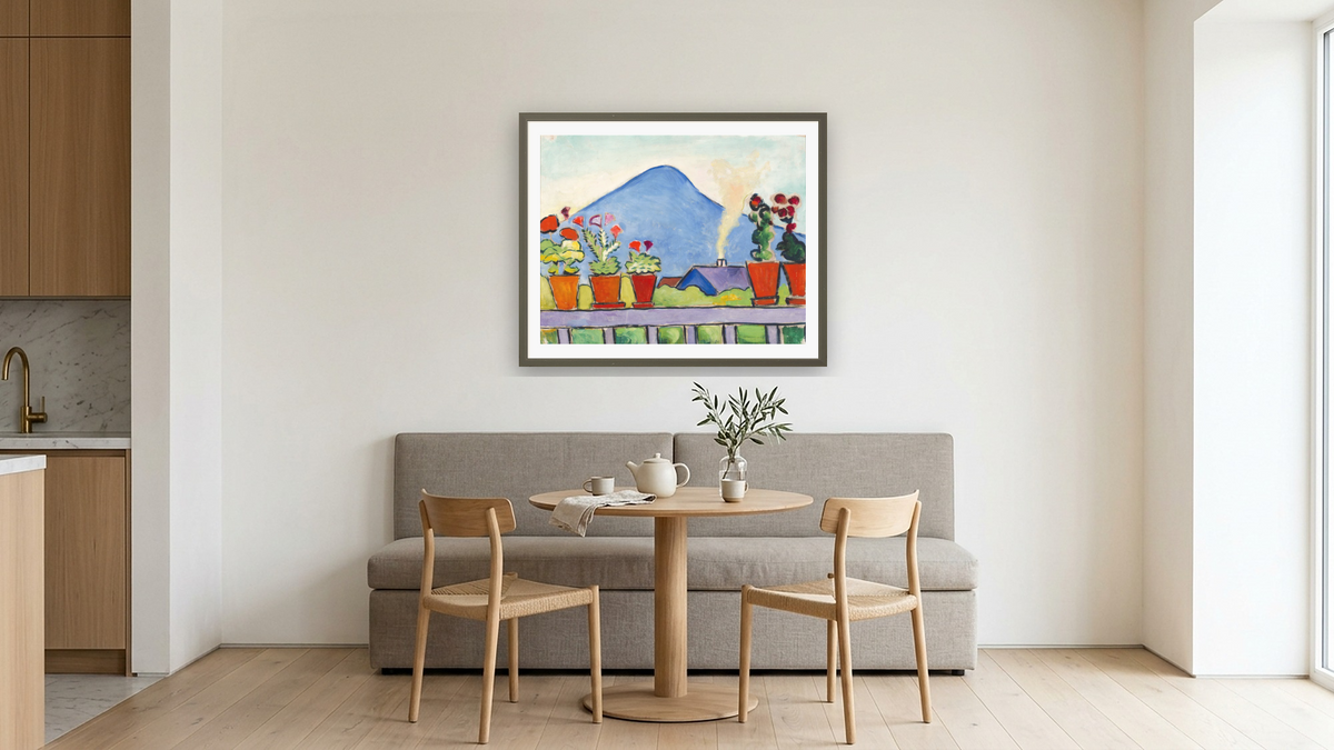 Geraniums Before Blue Mountain by August Macke, shown at 32 × 40 in (81.3 × 101.6 cm) in Ramino Satin Black, kitchen