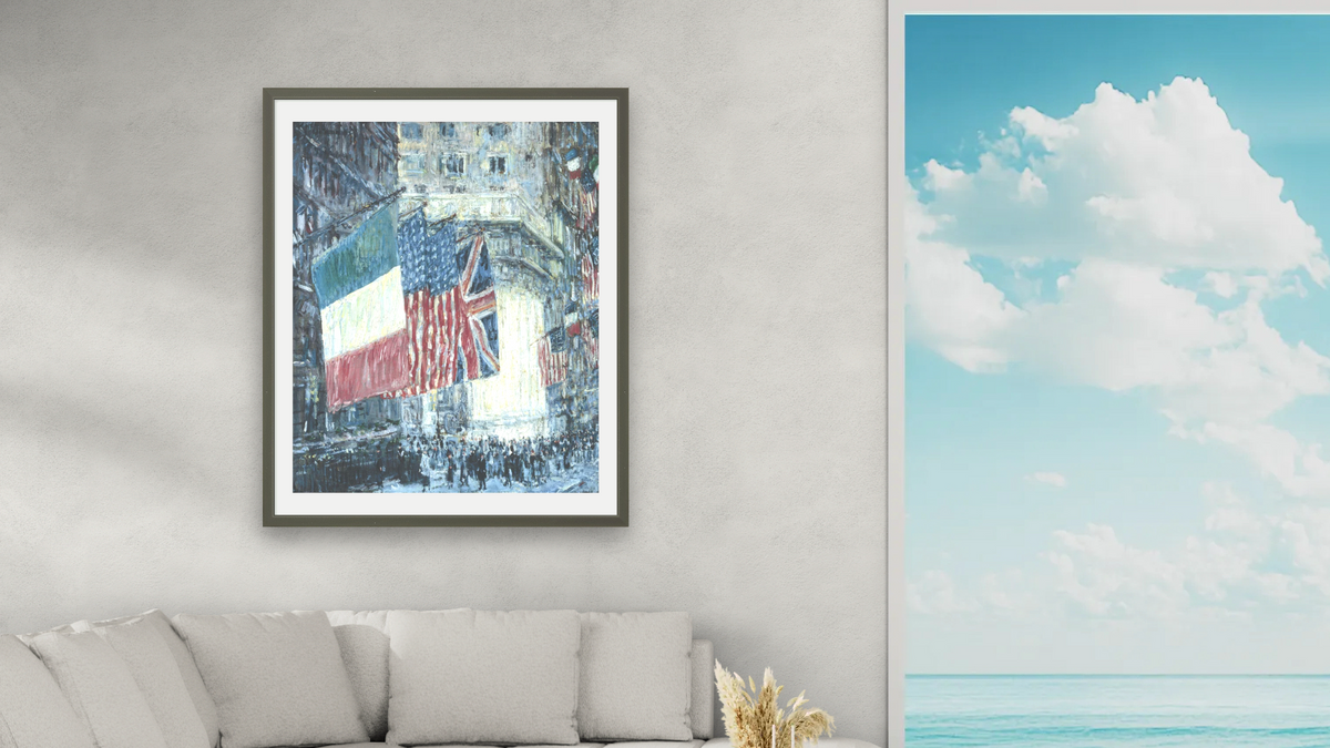 Avenue of the Allies by Childe Hassam, shown at 32 × 40 in (81.3 × 101.6 cm) in Ramino Satin Black, living