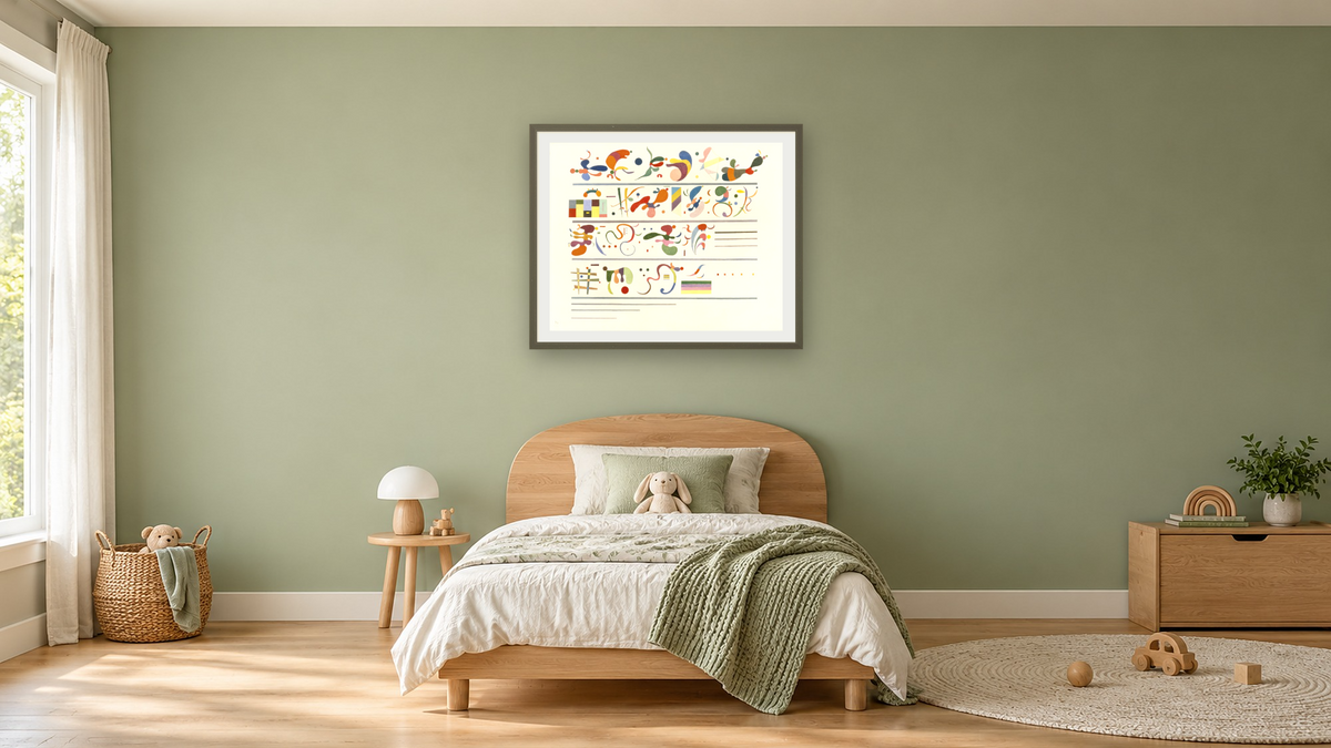 Succession, R. 1055, shown at 32 × 40 in (81.3 × 101.6 cm) in Ramino Satin Black, kids' room