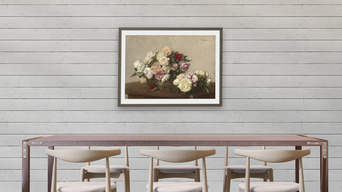 Roses in a Bowl and Dish, 1885 by Henri Fantin-Latour, shown at 30 × 40 in (76.2 × 101.6 cm) in Ramino Satin Black, dining