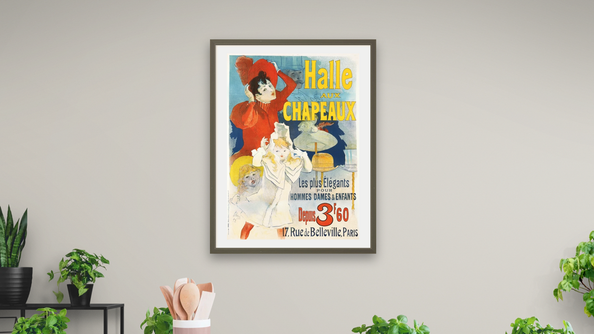 Halle aux Chapeaux Poster by Jules Chéret, shown at 30 × 40 in (76.2 × 101.6 cm) in Ramino Satin Black, dining