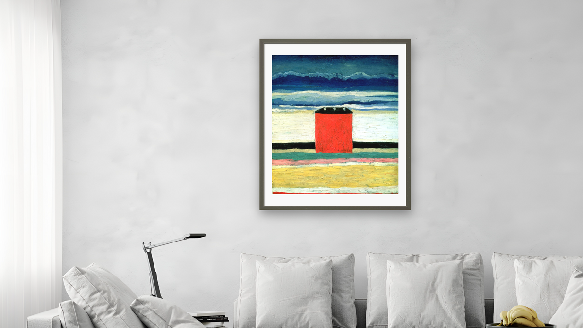 Red House by Kazimir Malevich, shown at 32 × 40 in (81.3 × 101.6 cm) in Ramino Satin Black, living