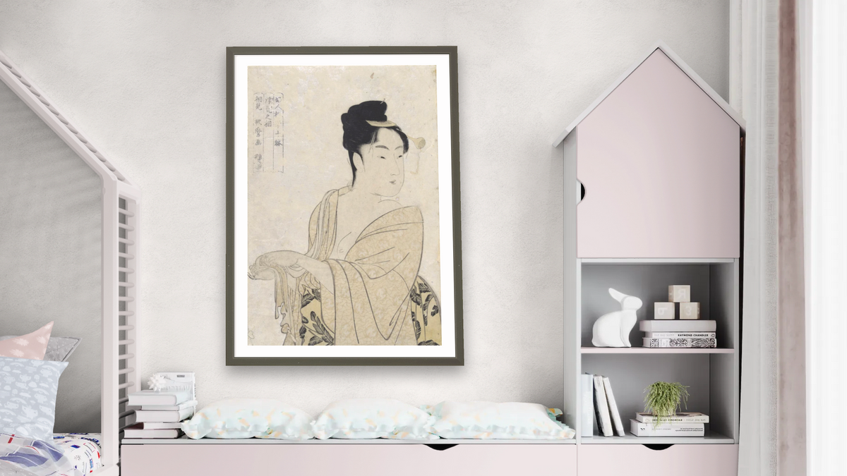 Flirtatious Lover by Kitagawa Utamaro, shown at 28 × 42 in (71.1 × 106.7 cm) in Ramino Satin Black, bedroom
