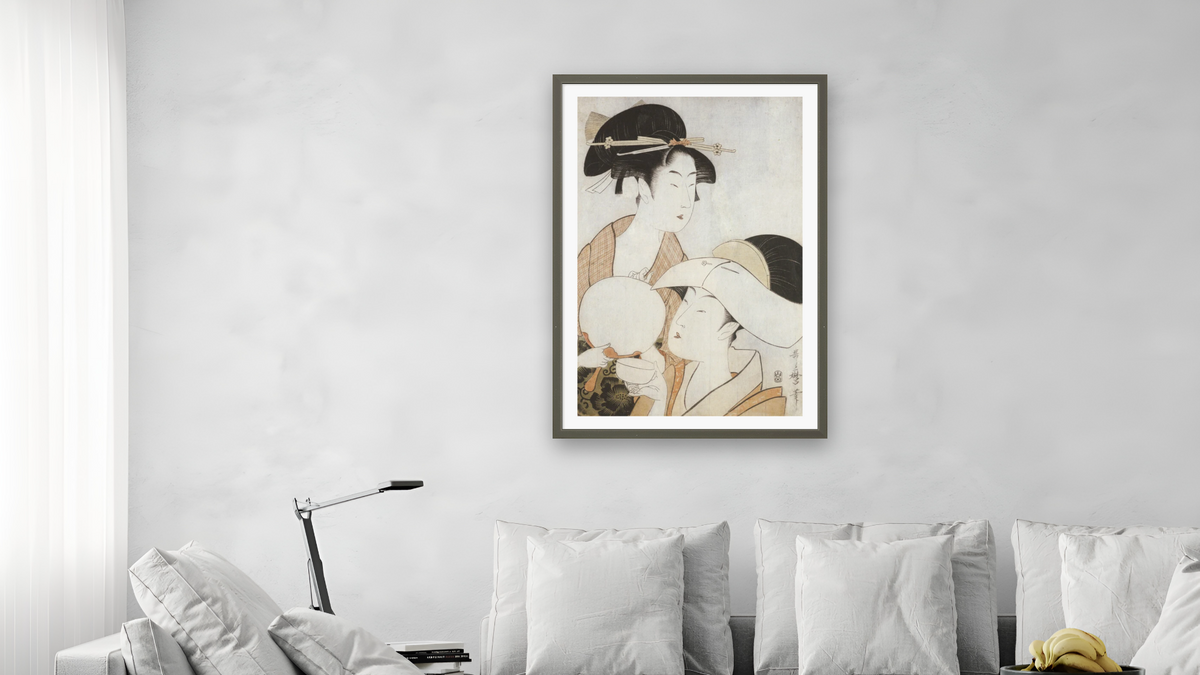 Two Beauties, One Holding a Teacup, the Other Fingering her Hairpin by Kitagawa Utamaro, shown at 28 × 42 in (71.1 × 106.7 cm) in Ramino Satin Black, living