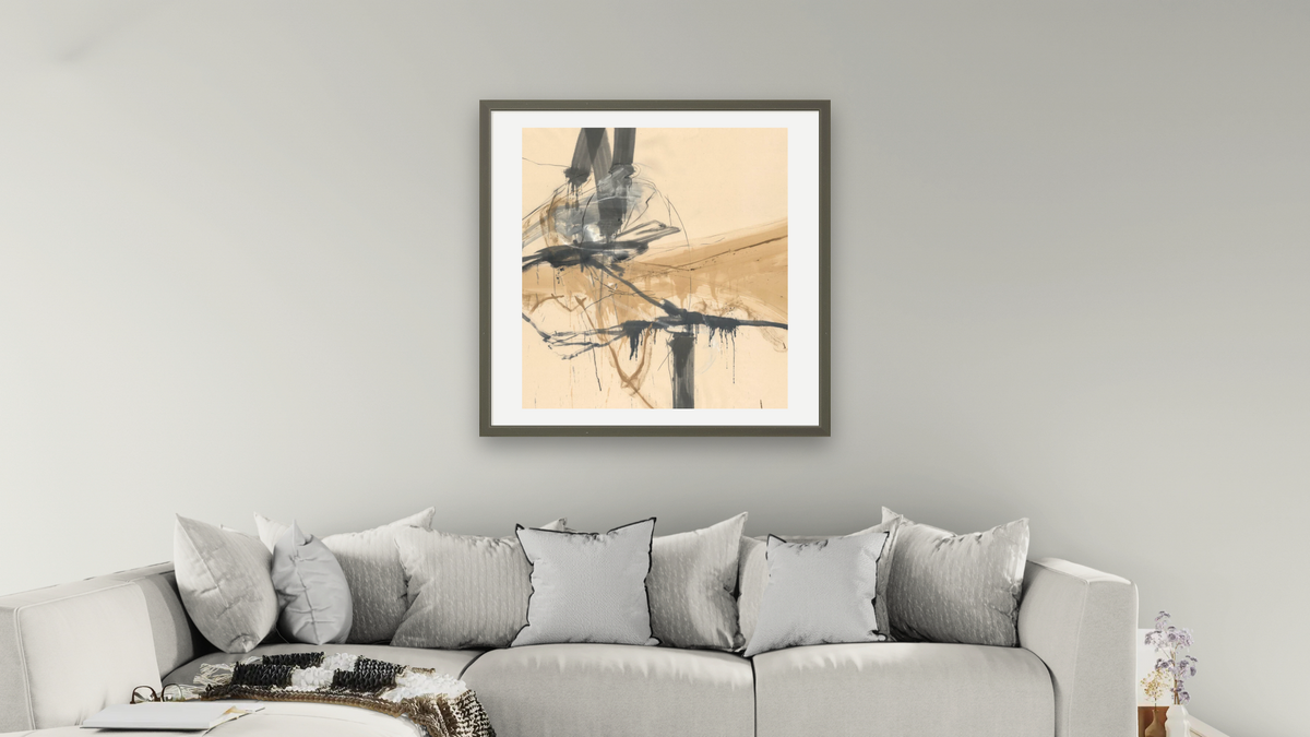 Leaving My Mark I by Kelly O'Neal, shown at 32 × 32 in (81.3 × 81.3 cm) in Ramino Satin Black, living