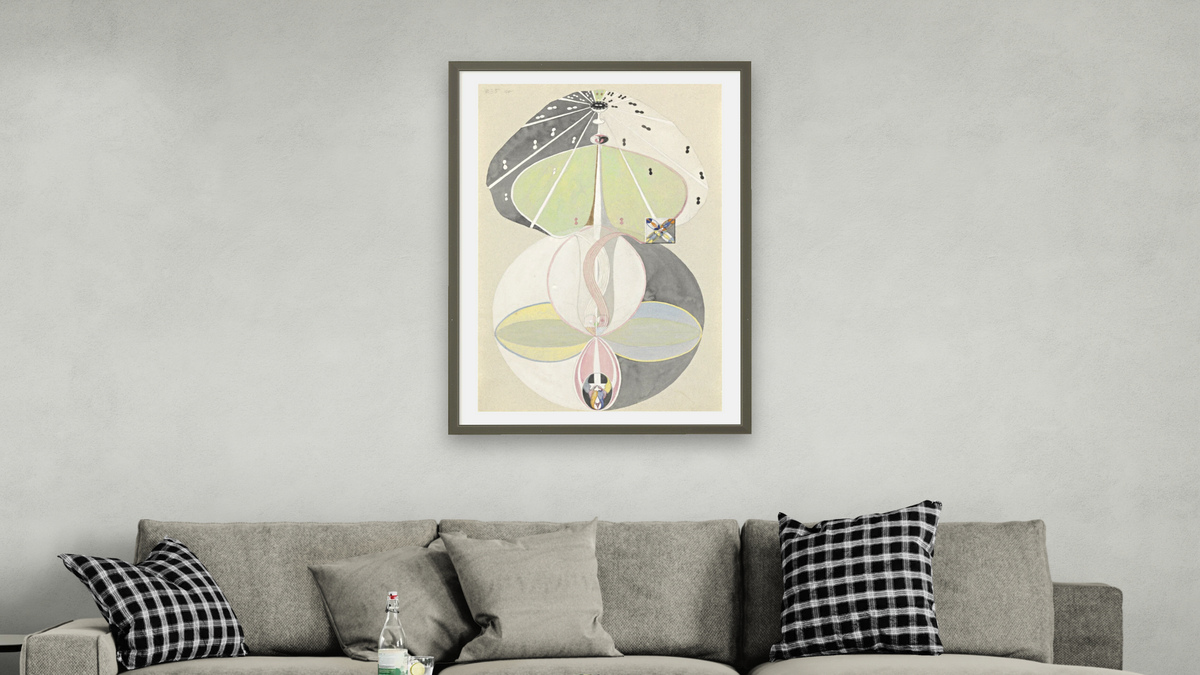 Tree of Knowledge, No. 5 by Hilma af Klint, shown at 28 × 42 in (71.1 × 106.7 cm) in Ramino Satin Black, living