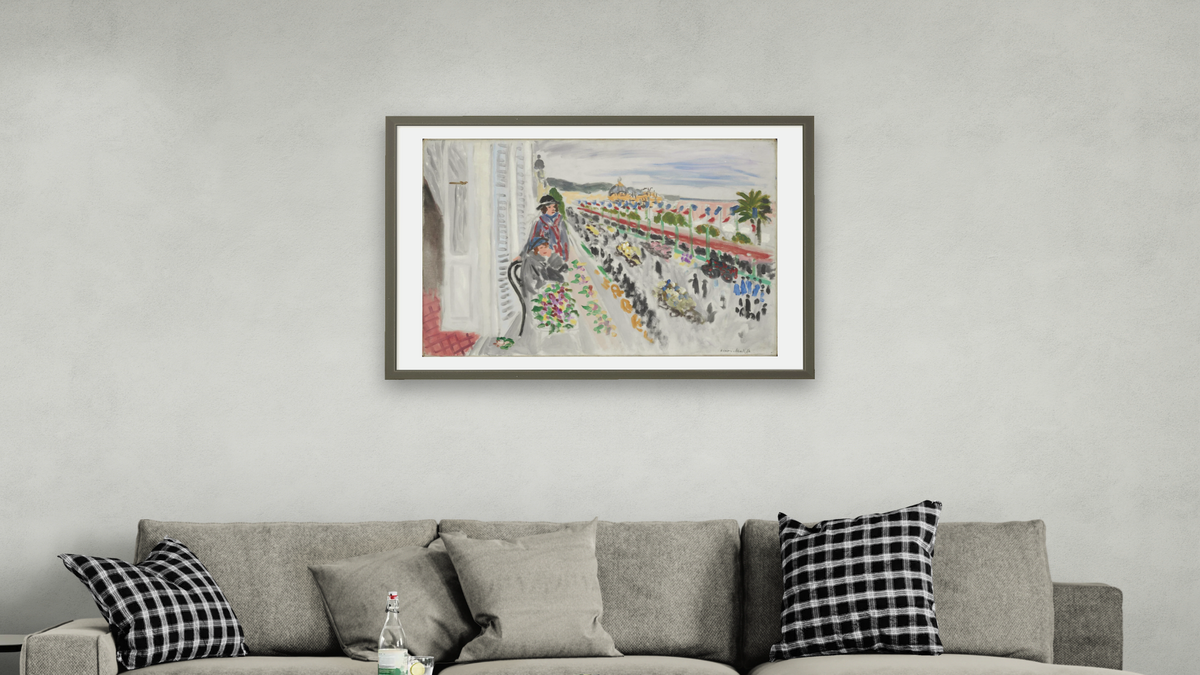 Festival of Flowers by Henri Matisse, shown at 28 × 42 in (71.1 × 106.7 cm) in Ramino Satin Black, living
