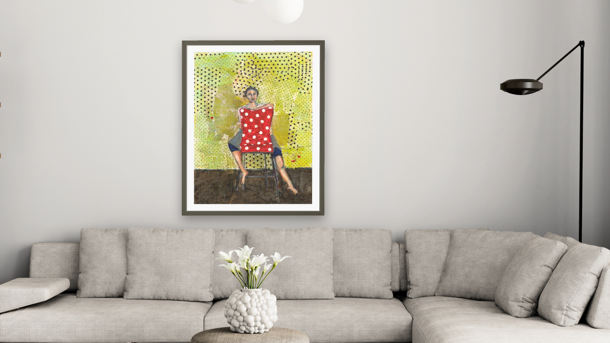 I'll Never Tell by Dobee Snowber, shown at 30 × 40 in (76.2 × 101.6 cm) in Ramino Satin Black, living