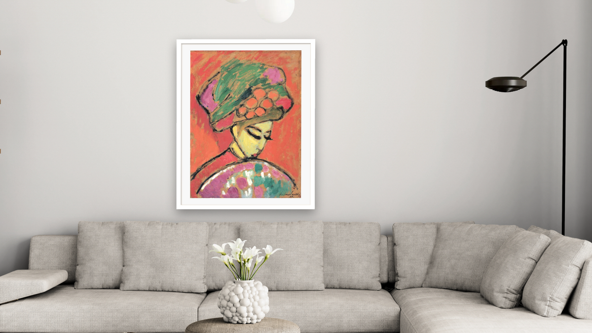 Young Girl with a Flowered Hat by Alexei Jawlensky, shown at 30 × 40 in (76.2 × 101.6 cm) in Ramino Satin Black, living
